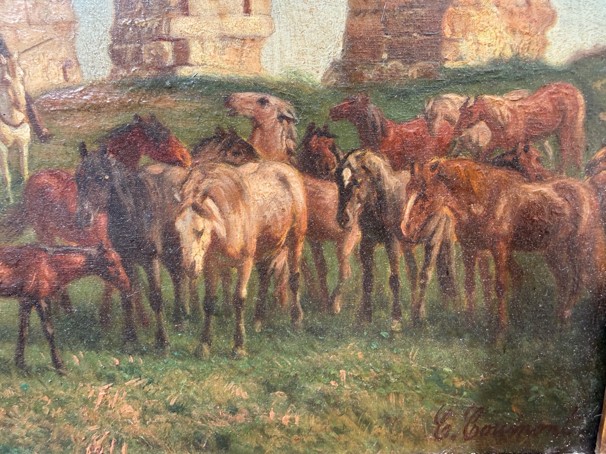 Charles COUMONT ( 1822-1889 ) Cavaliers et troupeau de chevaux devant un aqueduc Romain. -photo-6