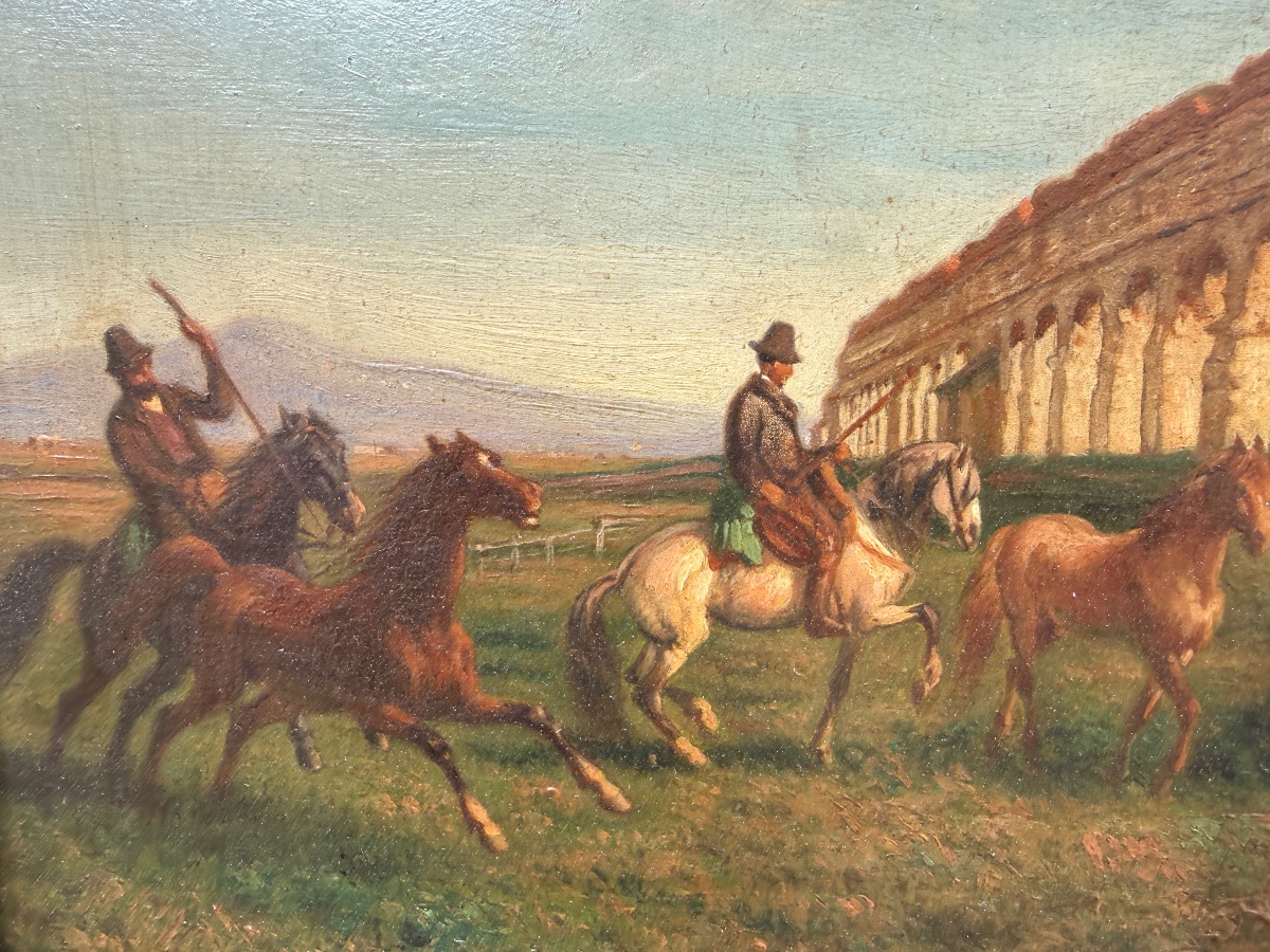 Charles COUMONT ( 1822-1889 ) Cavaliers et troupeau de chevaux devant un aqueduc Romain. -photo-7