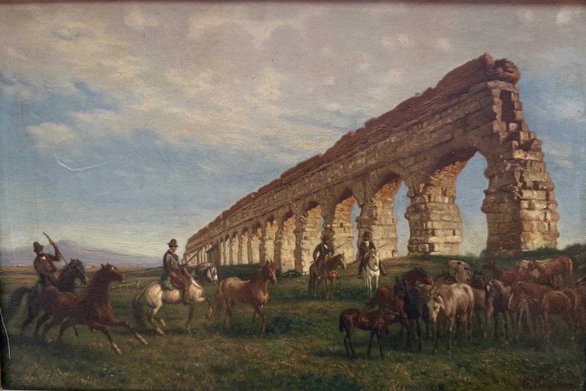 Charles COUMONT ( 1822-1889 ) Cavaliers et troupeau de chevaux devant un aqueduc Romain. 