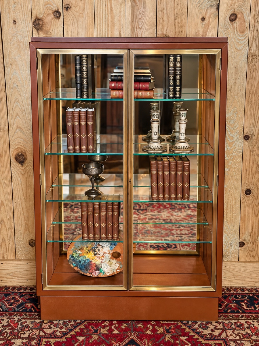 Display Case Clad In Tan Leather, Bronze, Mirror, And Marble. Second Half Of The 20th Century. 