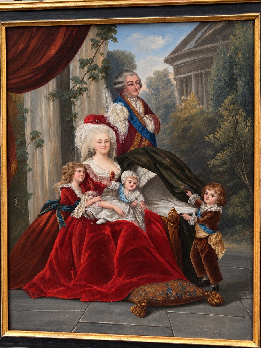 Louis XVI, Marie-Antoinette et leurs enfants.Gouache sur papier d'époque XIX ème siècle. -photo-2