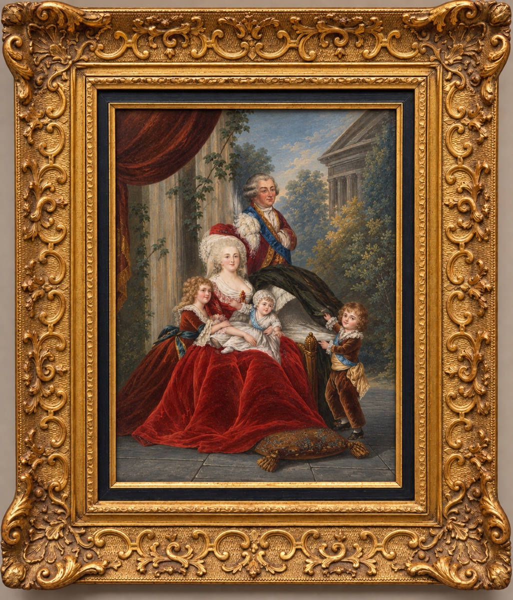 Louis XVI, Marie-Antoinette et leurs enfants.Gouache sur papier d'époque XIX ème siècle. 