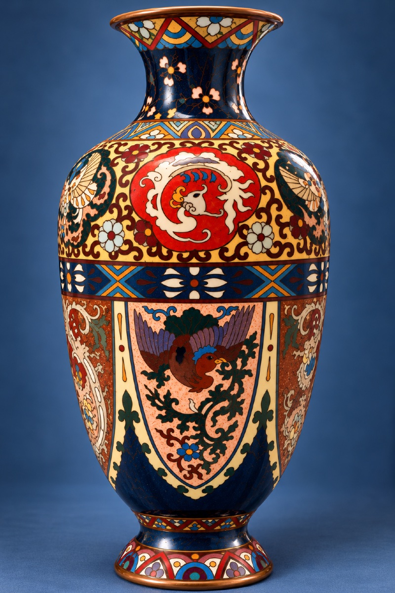 Vase balustre en émeaux cloisonnés polychrome. Extrême orient.Fin XIX Ème siècle. 