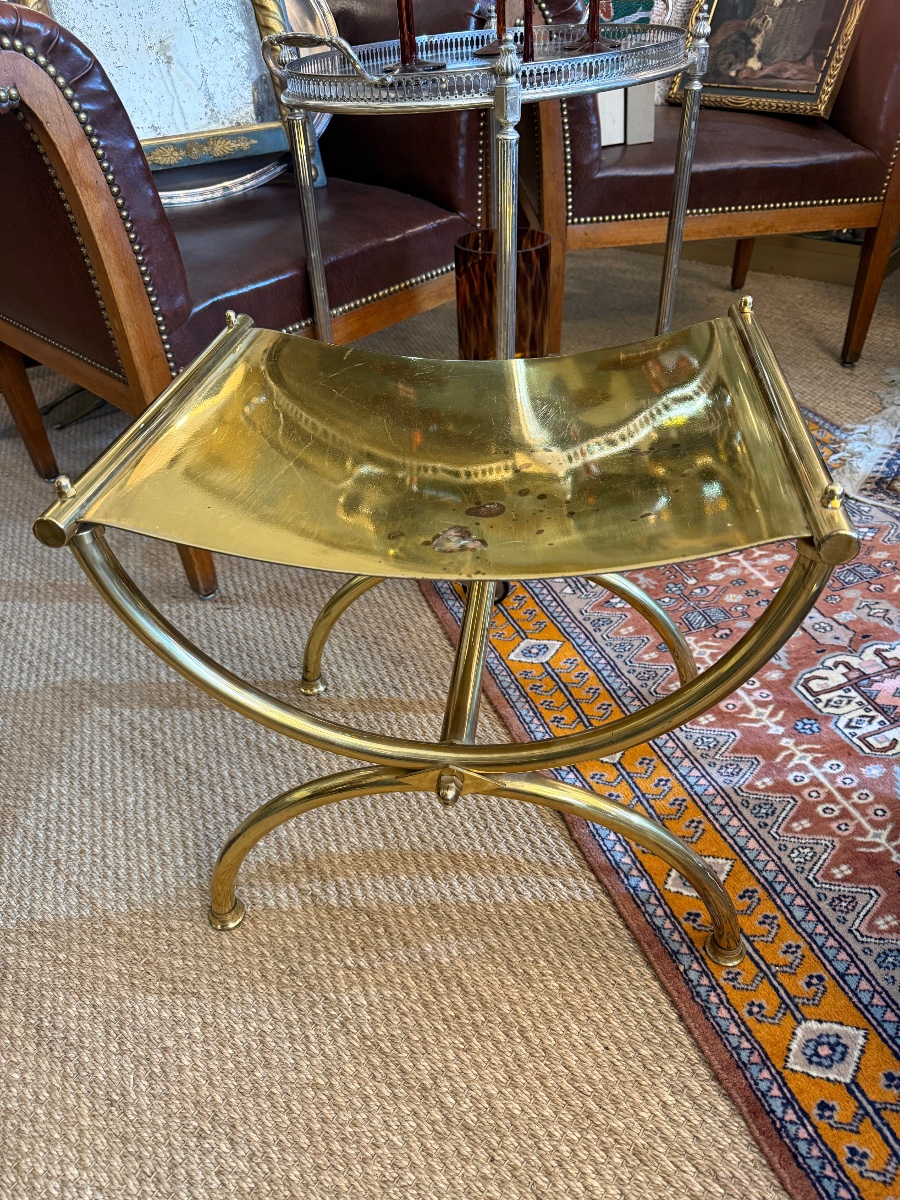 Tabouret curule en laiton massif doré dans le goût de la Maison Jansen Années 1970-80. -photo-3