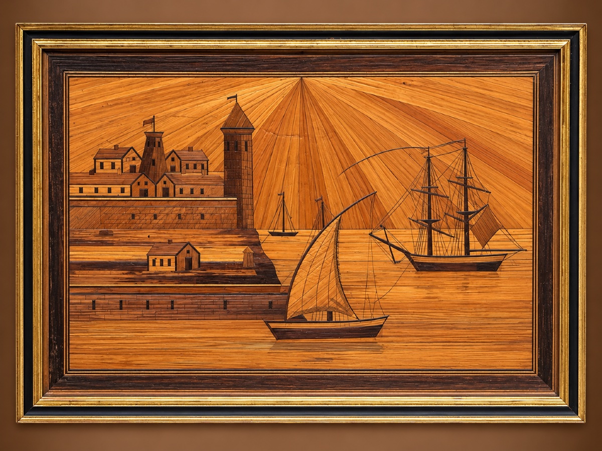 A Pair Of Marines In Straw Marquetry, Signed "watigny" And Dated 1838. -photo-2