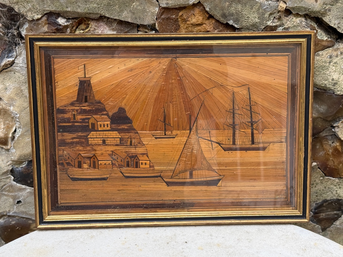 A Pair Of Marines In Straw Marquetry, Signed "watigny" And Dated 1838. -photo-2