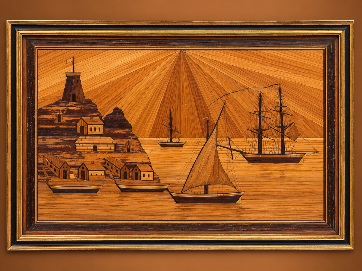 A Pair Of Marines In Straw Marquetry, Signed "watigny" And Dated 1838. 
