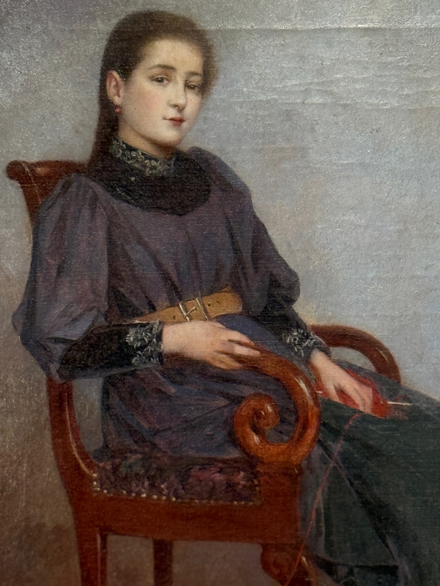 Marcel Meys ( 1886-1972 ) " Portrait d'une jeune fille à son tricot ". -photo-2