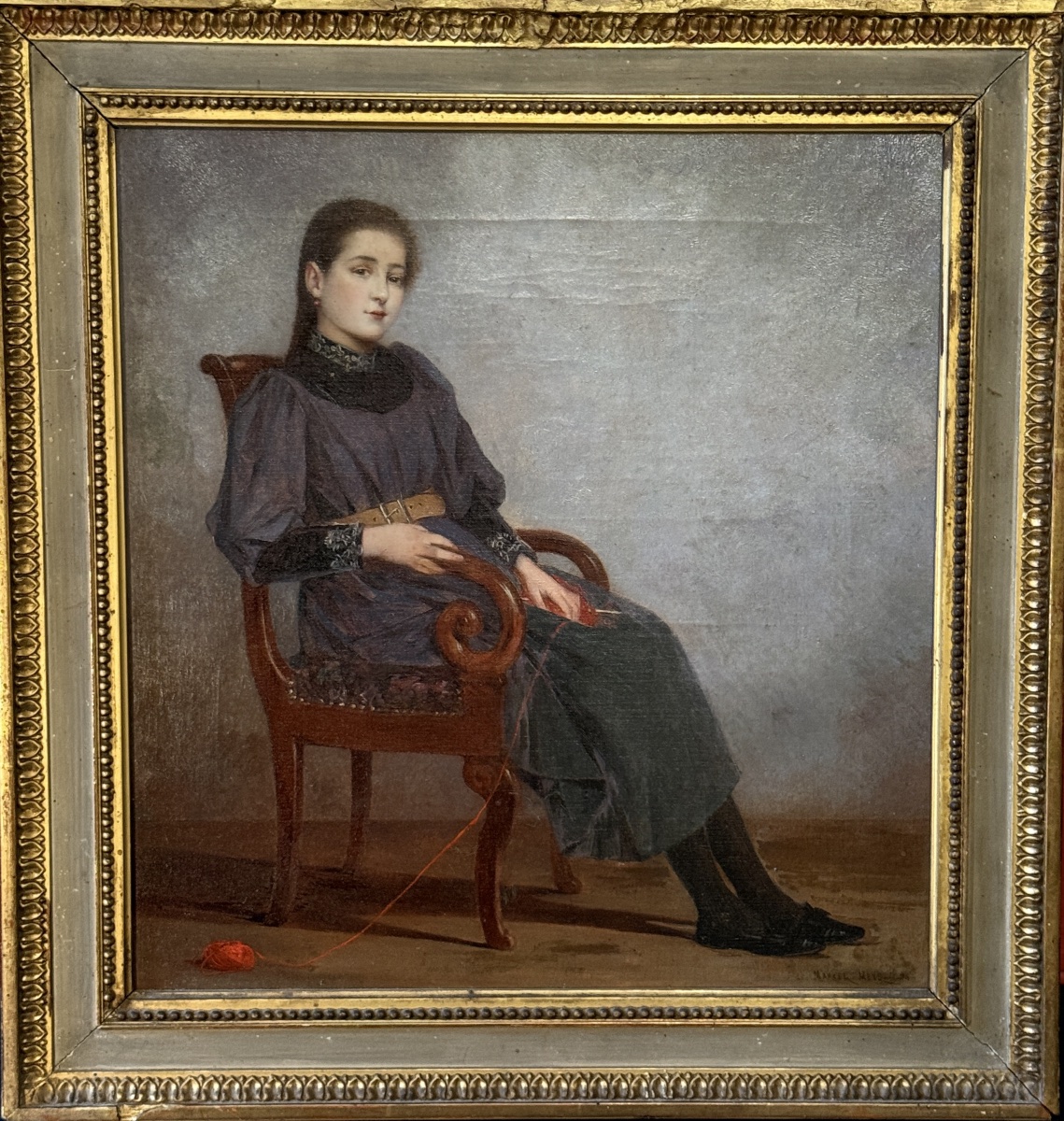 Marcel Meys ( 1886-1972 ) " Portrait d'une jeune fille à son tricot ". -photo-3
