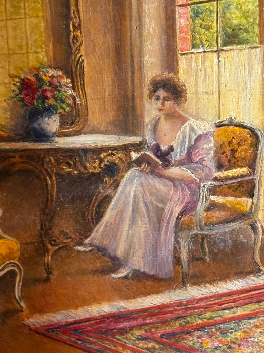 F. Keller. Interior Scene. Young Woman Reading. Oil On Panel, Early 20th Century. 