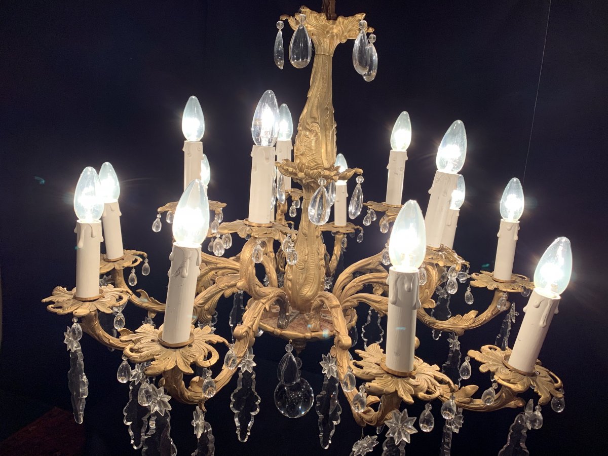 Gilded Bronze Chandelier And Crystal Pendants. 15 Lights.-photo-3