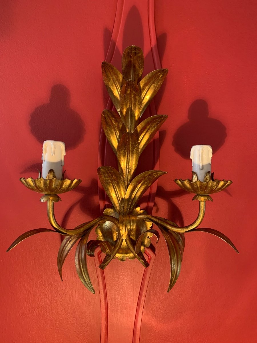 Pair Of Wall Lights In Golden And Aged Metal Circa 1970.