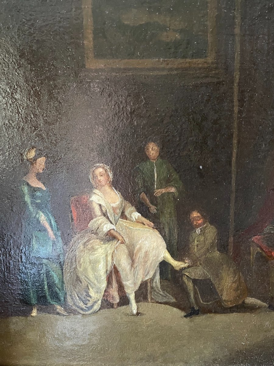 Huile Sur Panneau D’époque XVIII Ème. Scène D’intérieur. -photo-3