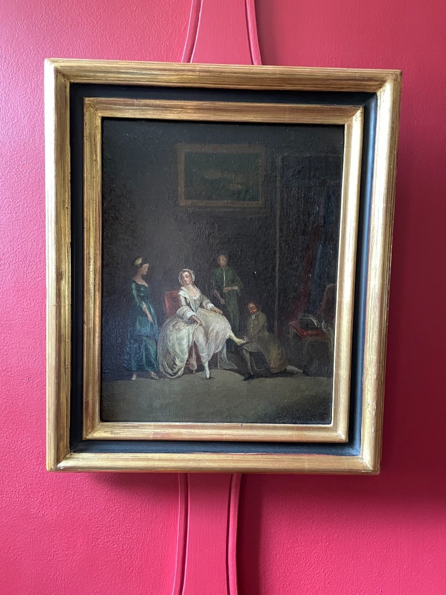 Huile Sur Panneau D’époque XVIII Ème. Scène D’intérieur. -photo-1