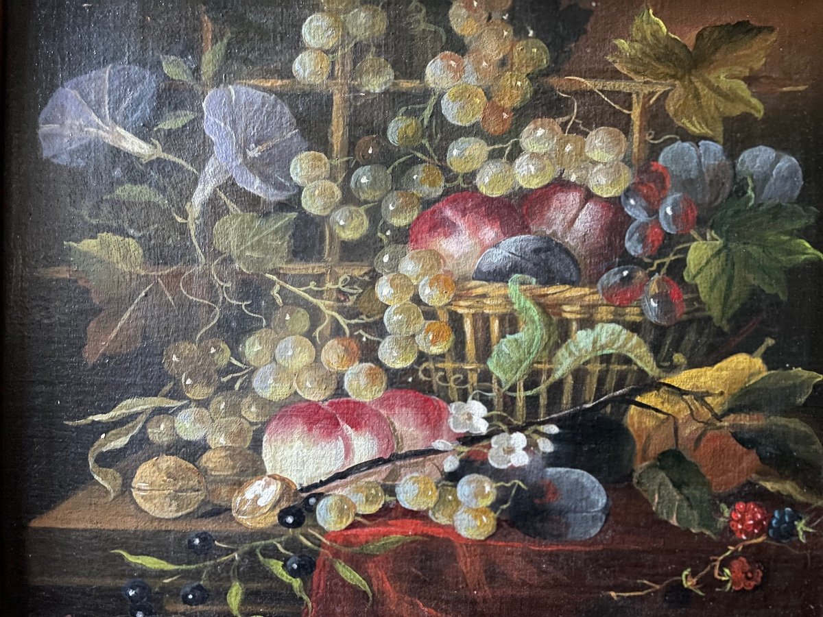 Oil On Canvas, Still Life With Fruits And Flowers. XXth.-photo-3