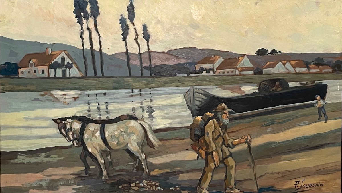 Oil On Panel Barge And Horses On The Towpath. Mid 20th Century.-photo-2