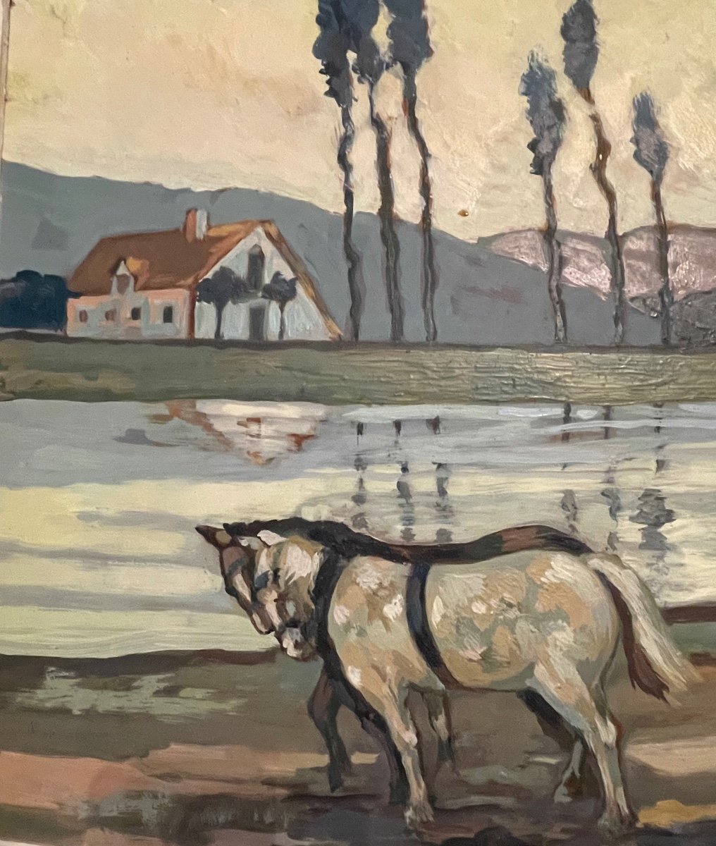 Oil On Panel Barge And Horses On The Towpath. Mid 20th Century.-photo-2