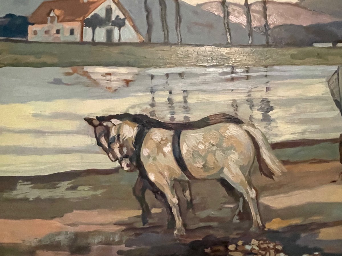 Oil On Panel Barge And Horses On The Towpath. Mid 20th Century.-photo-4