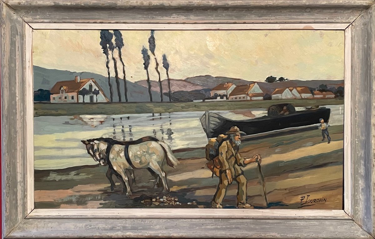 Oil On Panel Barge And Horses On The Towpath. Mid 20th Century.
