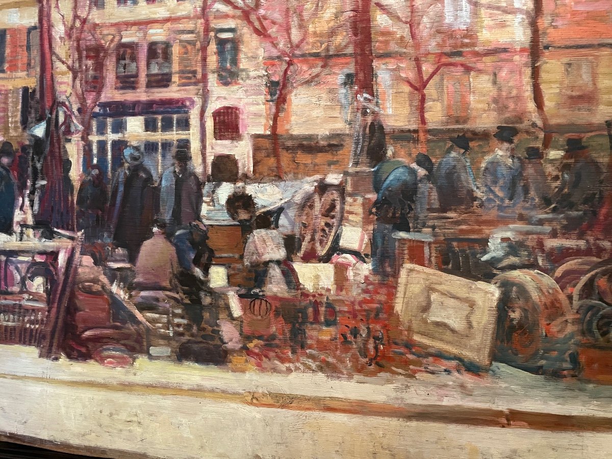 « Le Marché Aux Puces » par Patrice Landauer.  Grande Huile Sur Panneau,  1m 90 De Long. -photo-2