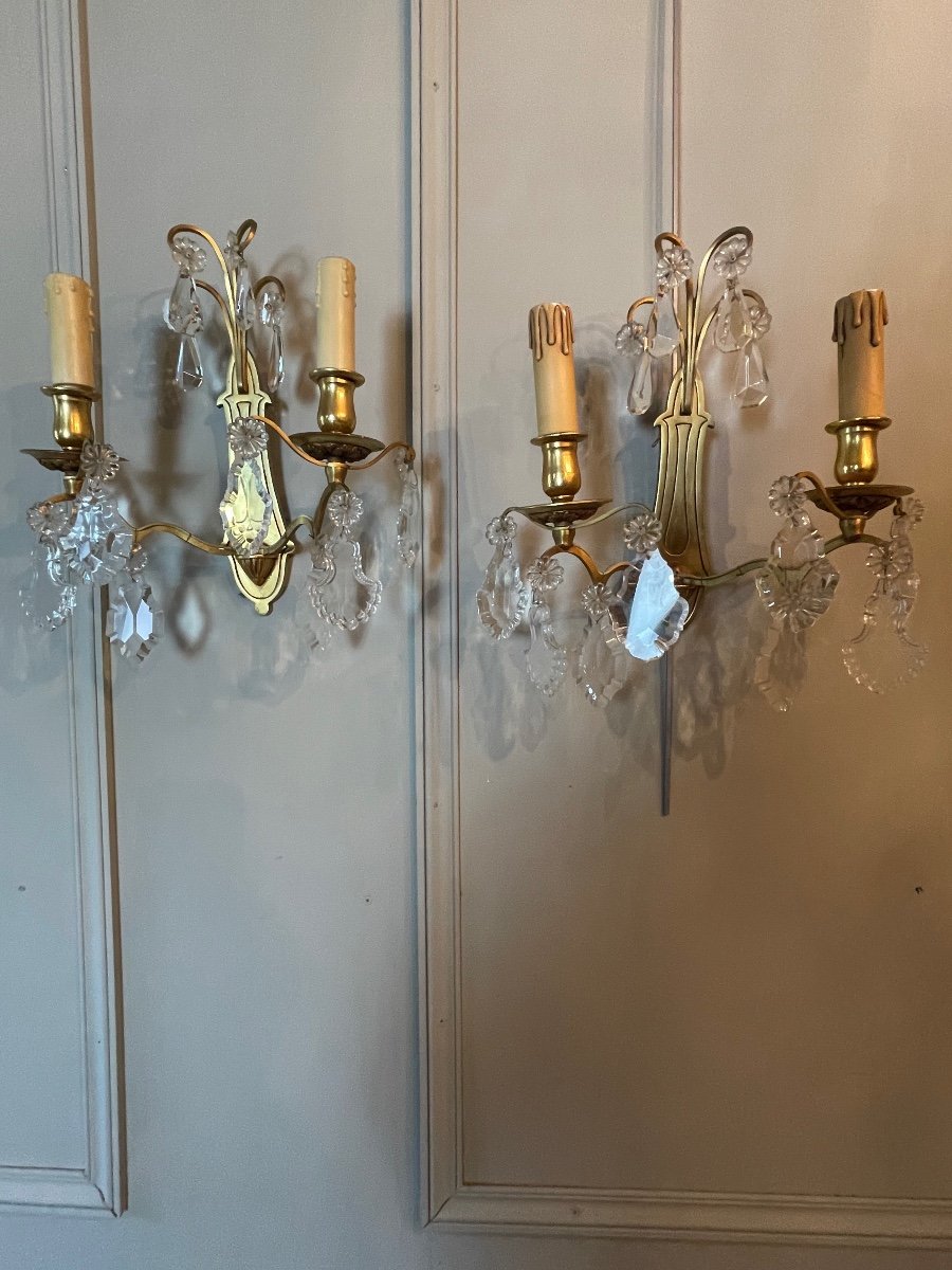 Pair Of Sconces With Pampilles And Gilt Bronze.-photo-3