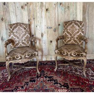 Maurice Hirsch For Jansen. Pair Of Louis XV Style Armchairs In Golden Wood.
