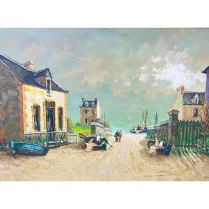 Oil On Canvas. Fishing Village In Brittany.