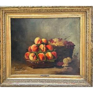 Alfred Arthur Brunel De Neuville ( 1852- 1941 )  Huile Sur Toile, Nature Morte Aux Pêches 