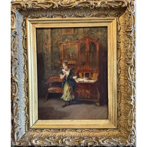 "young Girl Reading In His Living Room". Oil On Panel Signed Tony Torta (1800-1900). 