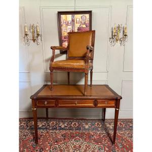 Flat Desk And Its Louis XVI Style Armchair, In Mahogany. 