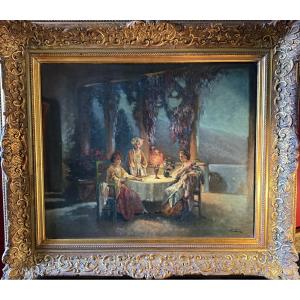 " La cartomancienne" Sous la pergola à Capri avec vue sur le Vésuve. Huile sur toile XIX ème. 