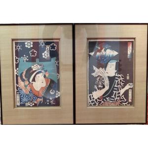 Tokohara Kunichika Pair Of Ukiyo-e Prints On Wood.  