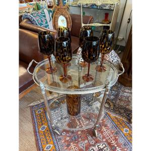 Table roulante ovale de style néo - classique en métal argenté. Maison BAGUÈS. 