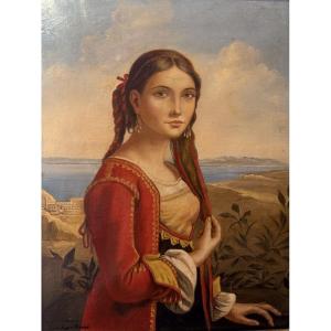 Portrait de jeune fille Italienne. Huile sur toile d'époque XIX ème.