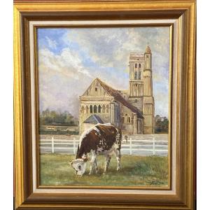 L'église d'Hermanville sur mer, en Normandie. Huile sur toile.