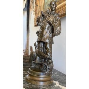 Bronze Sculpture Titled "pierrot Playing With His Duck" By Belgian Sculptor Ernest Wante (1872–1960).