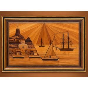 A Pair Of Marines In Straw Marquetry, Signed "watigny" And Dated 1838.