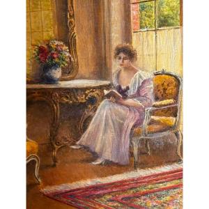 F.KELLER. Scène d'intérieur. Jeune femme à la lecture.Huile sur panneau début XX ème.
