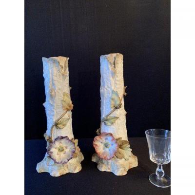 Slip. Pair Of Large Vases With Anemones.