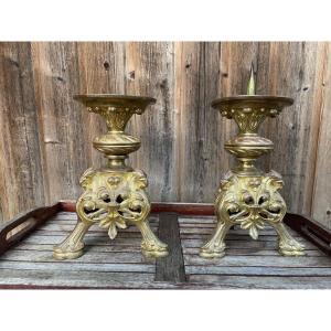 Pair Of Spades - Candlesticks In Gilt Bronze Renaissance Style.