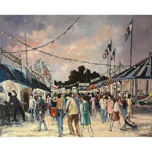 «  La  Fête Foraine «  Lionel Ouine  (1937- 1994) Huile Sur Toile.