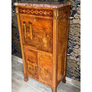 Secretary In Marquetry De Ruins, Stamped Krieger, Napoleon III Period.