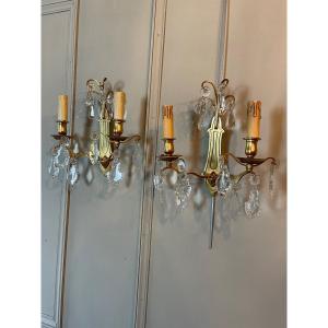 Pair Of Sconces With Pampilles And Gilt Bronze.