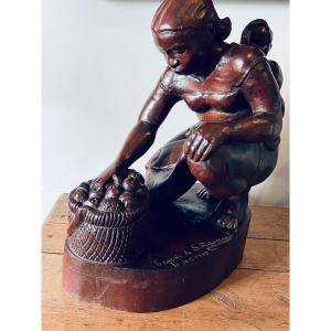 Ebony Sculpture Woman From Oceania Or Tahitian.
