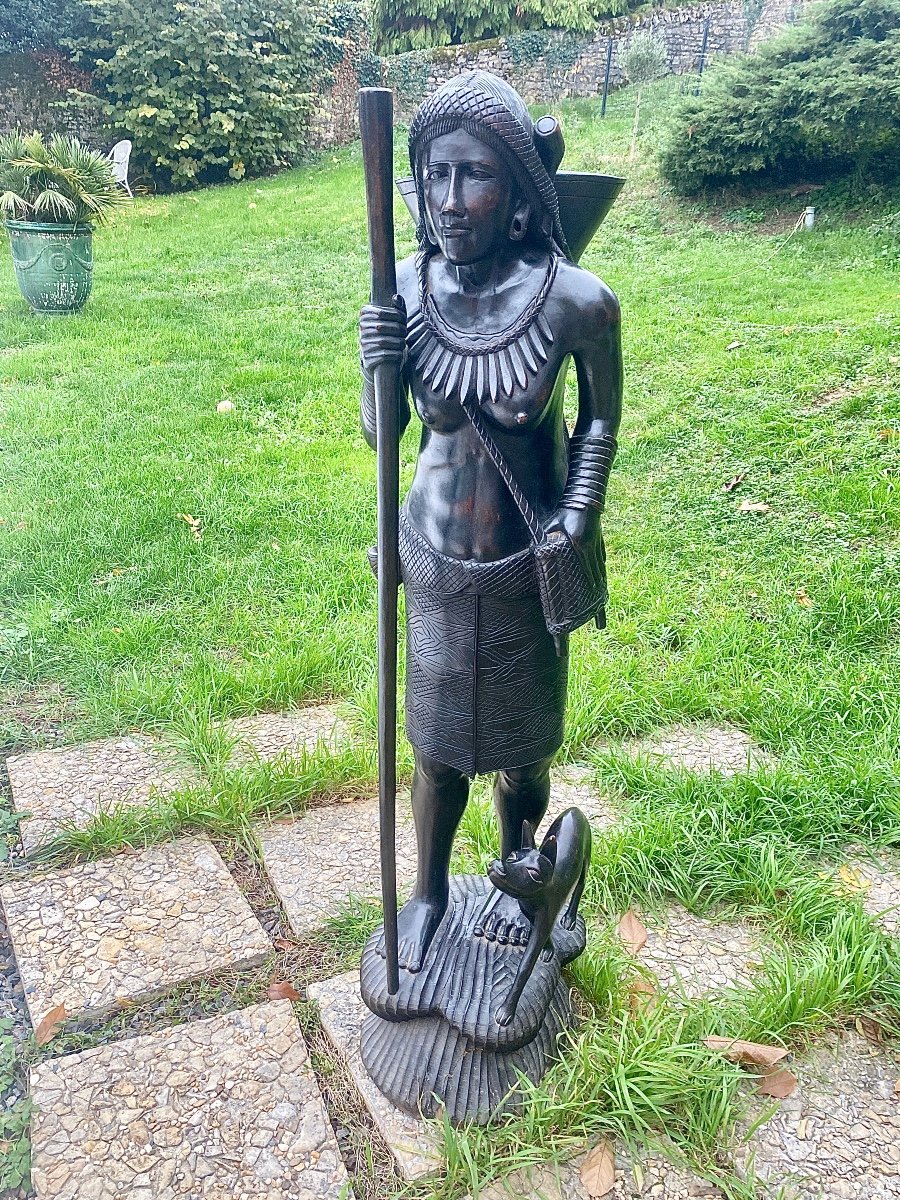 Wooden Sculpture Of A Young Woman And Her Dog, From The Philippines, Circa 50