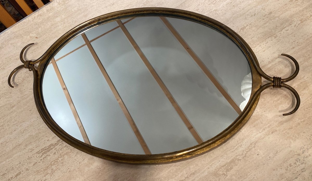 Miroir Oval Art Deco Fer Forgé Doré