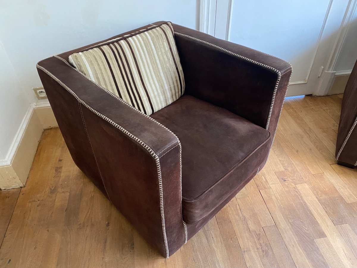 Pair Of Comfortable Italian Nubuck Club Armchairs-photo-3