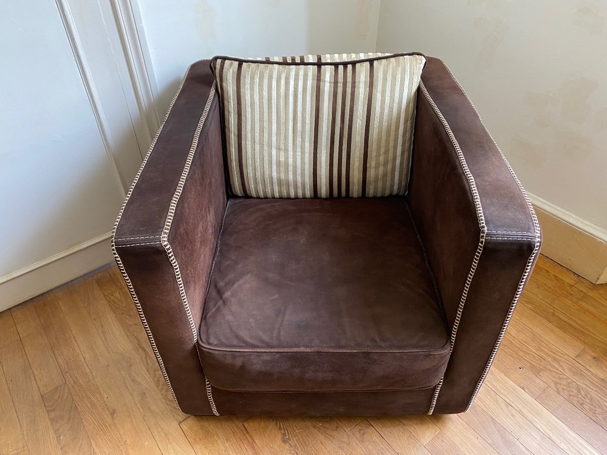 Pair Of Comfortable Italian Nubuck Club Armchairs-photo-3