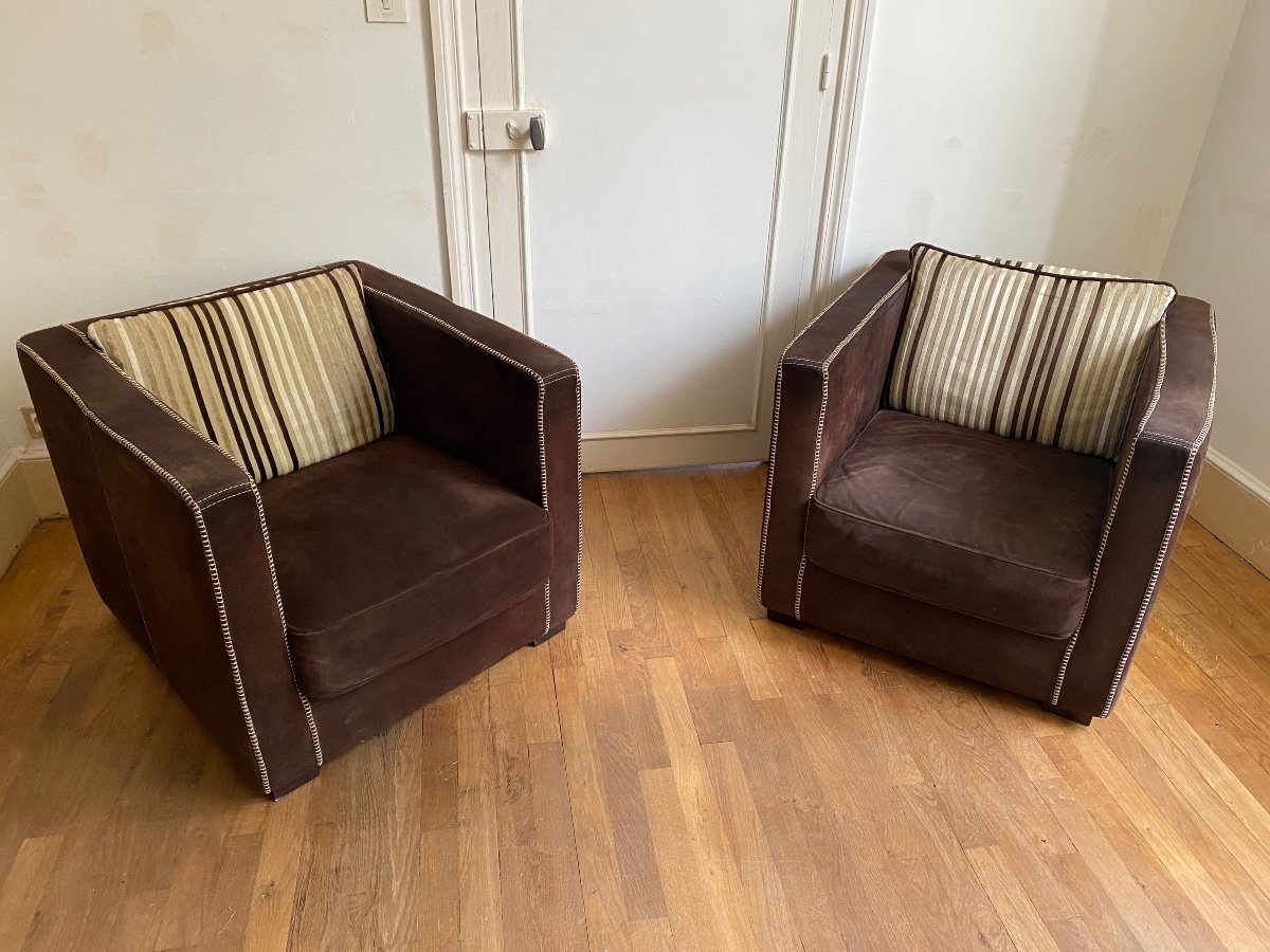 Pair Of Comfortable Italian Nubuck Club Armchairs