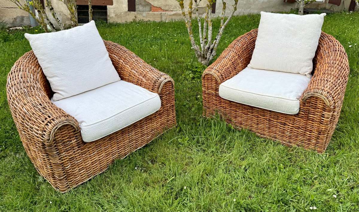 Imposante Paire De Fauteuils Osier